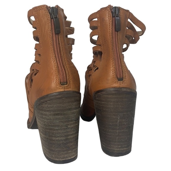 - Free People Brown Distressed Leather Carrera Criss-Cross Stacked Heel Bootie - Picture 7 of 10